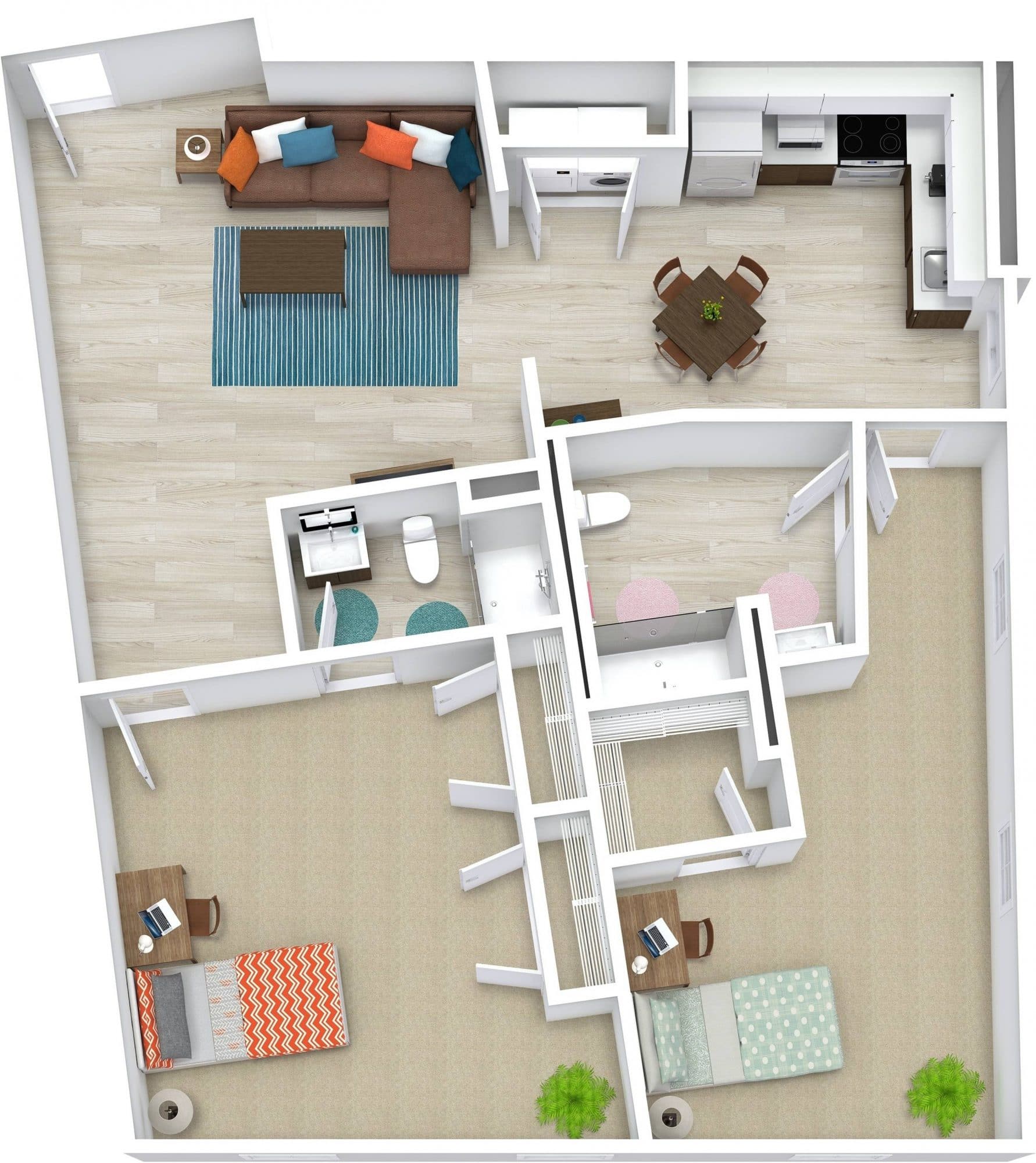 A 3D image of the 2BR/2BA – Premium – D floorplan, a 1316 squarefoot, 2 bed / 2 bath unit