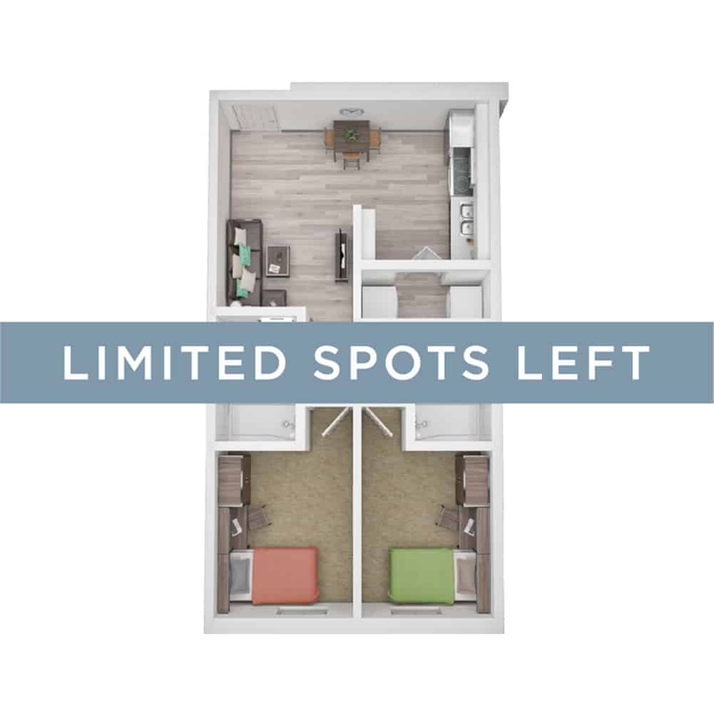A 3D image of the Elite 2BR/2BA – Deluxe floorplan, a 541 squarefoot, 2 bed / 2 bath unit