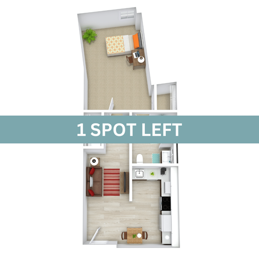 A 3D image of the 1BR/1BA – Classic floorplan, a 591 squarefoot, 1 bed / 1 bath unit