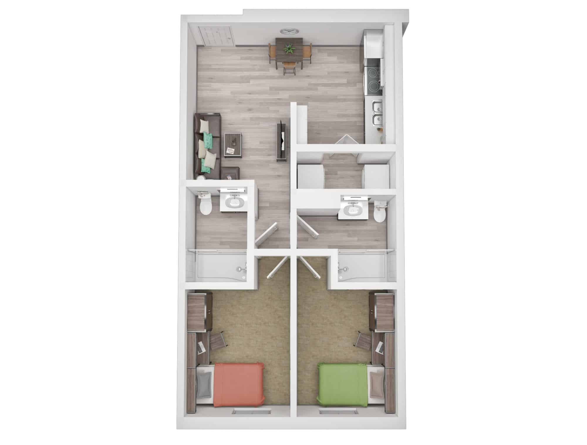 A 3D image of the 2BR/2BA – Deluxe floorplan, a 541 squarefoot, 2 bed / 2 bath unit