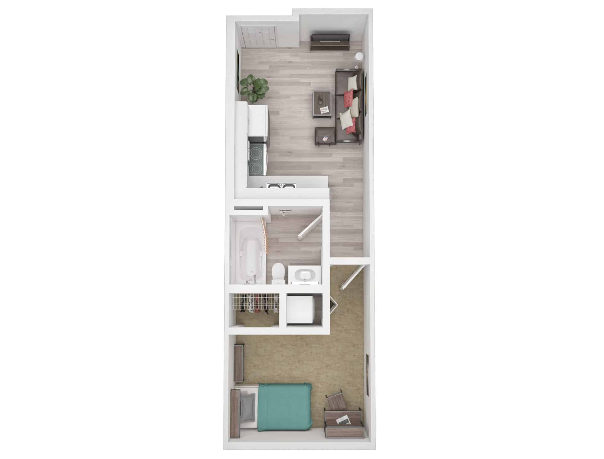 A 3D image of the Studio floorplan, a 344 squarefoot, 0 bed / 1 bath unit