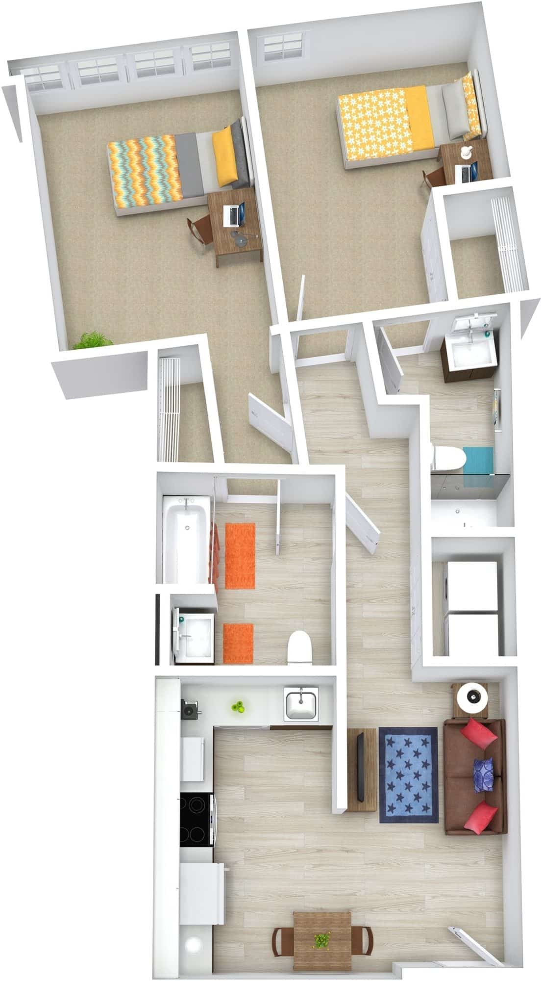 A 3D image of the 2BR/2BA – Premium – A floorplan, a 841 squarefoot, 2 bed / 2 bath unit