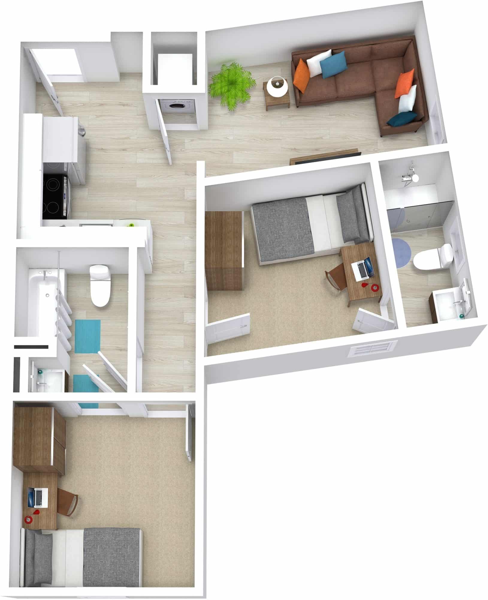 A 3D image of the 2BR/2BA – Premium – B floorplan, a 648 squarefoot, 2 bed / 2 bath unit