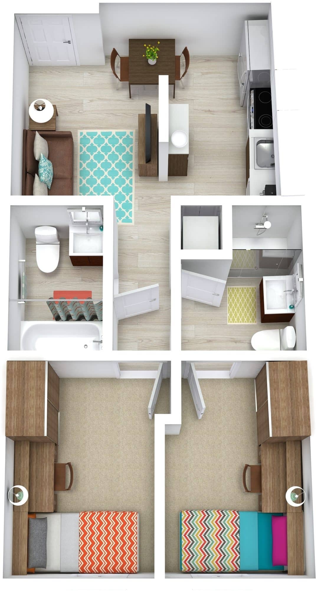 A 3D image of the Elite 2BR/2BA – Classic – A floorplan, a 538 squarefoot, 2 bed / 2 bath unit