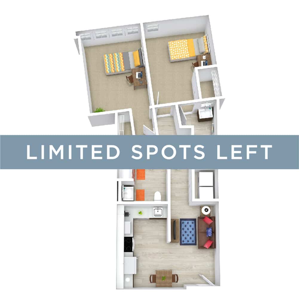 A 3D image of the 2BR/2BA – Premium – A floorplan, a 841 squarefoot, 2 bed / 2 bath unit