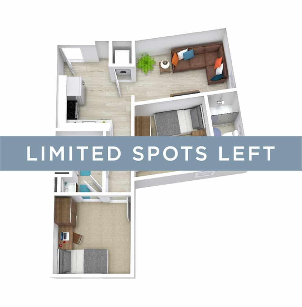 A 3D image of the 2BR/2BA – Premium – B floorplan, a 648 squarefoot, 2 bed / 2 bath unit