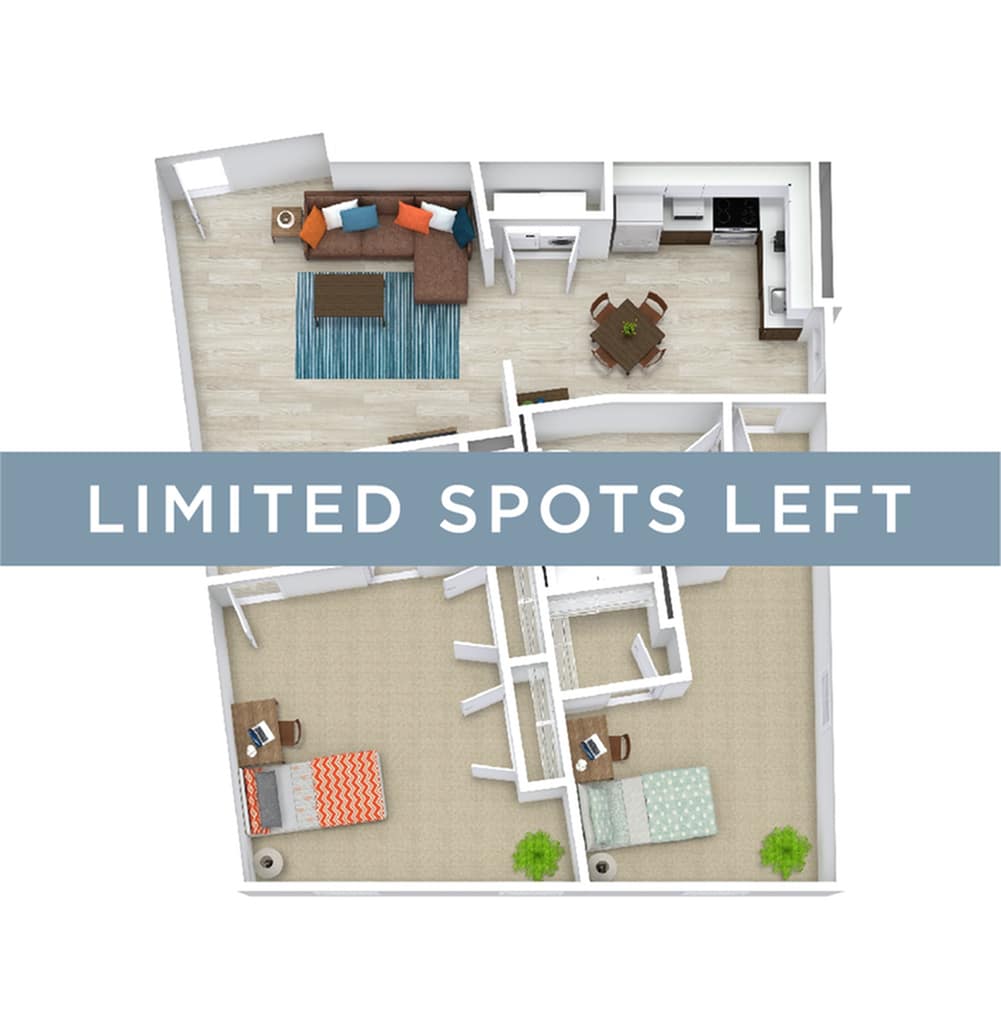 A 3D image of the 2BR/2BA – Premium – D floorplan, a 1316 squarefoot, 2 bed / 2 bath unit