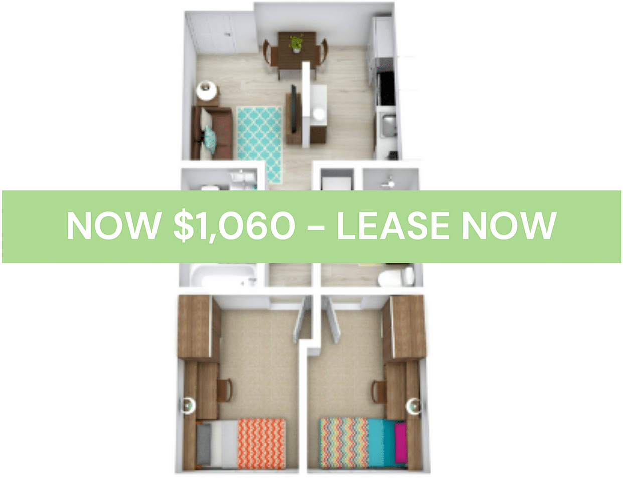 A 3D image of the Elite 2BR/2BA – Classic – A floorplan, a 538 squarefoot, 2 bed / 2 bath unit