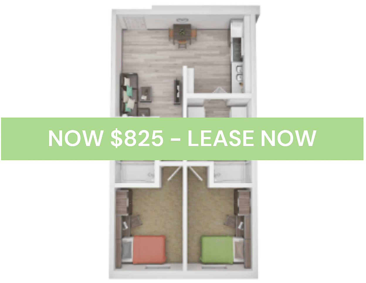 A 3D image of the Elite 2BR/2BA – Classic – B floorplan, a 541 squarefoot, 2 bed / 2 bath unit