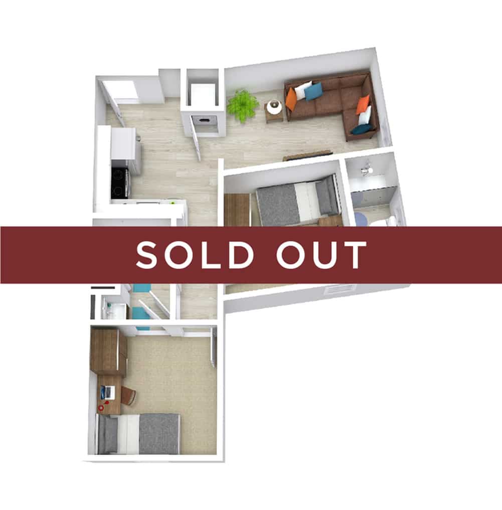 A 3D image of the 2BR/2BA – Premium – B floorplan, a 648 squarefoot, 2 bed / 2 bath unit