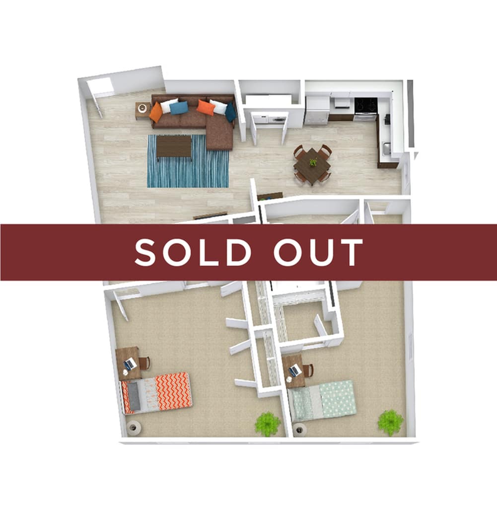 A 3D image of the 2BR/2BA – Premium – D floorplan, a 1316 squarefoot, 2 bed / 2 bath unit