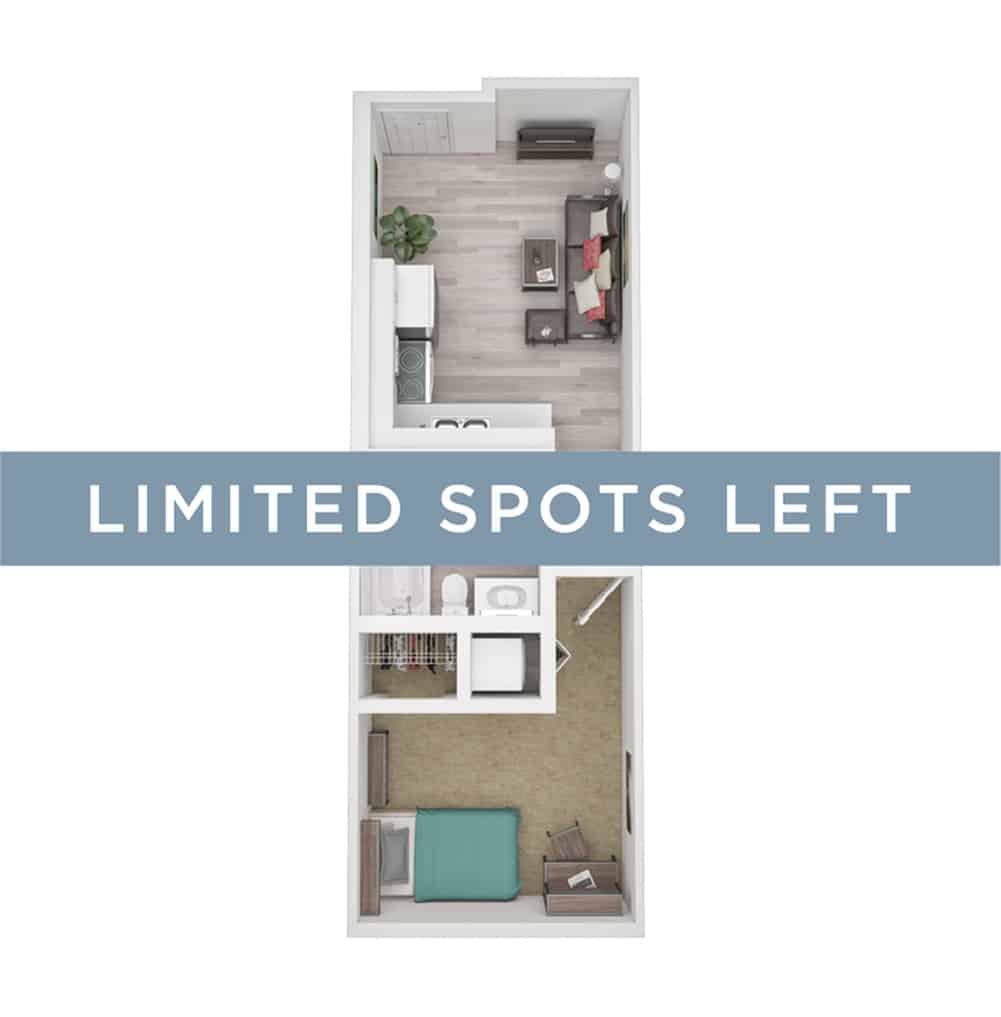 A 3D image of the Studio floorplan, a 344 squarefoot, 0 bed / 1 bath unit