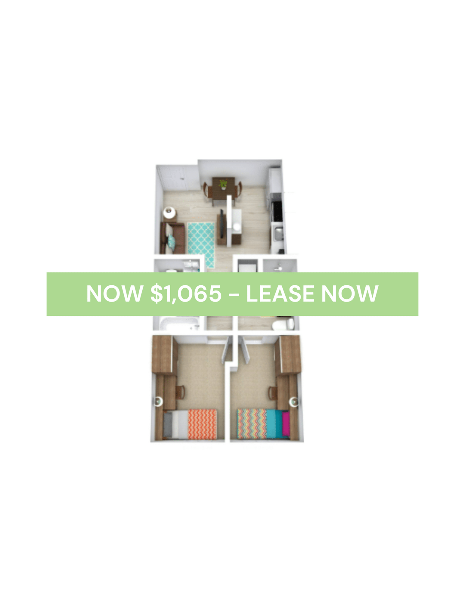 A 3D image of the Elite 2BR/2BA – Classic – A floorplan, a 538 squarefoot, 2 bed / 2 bath unit
