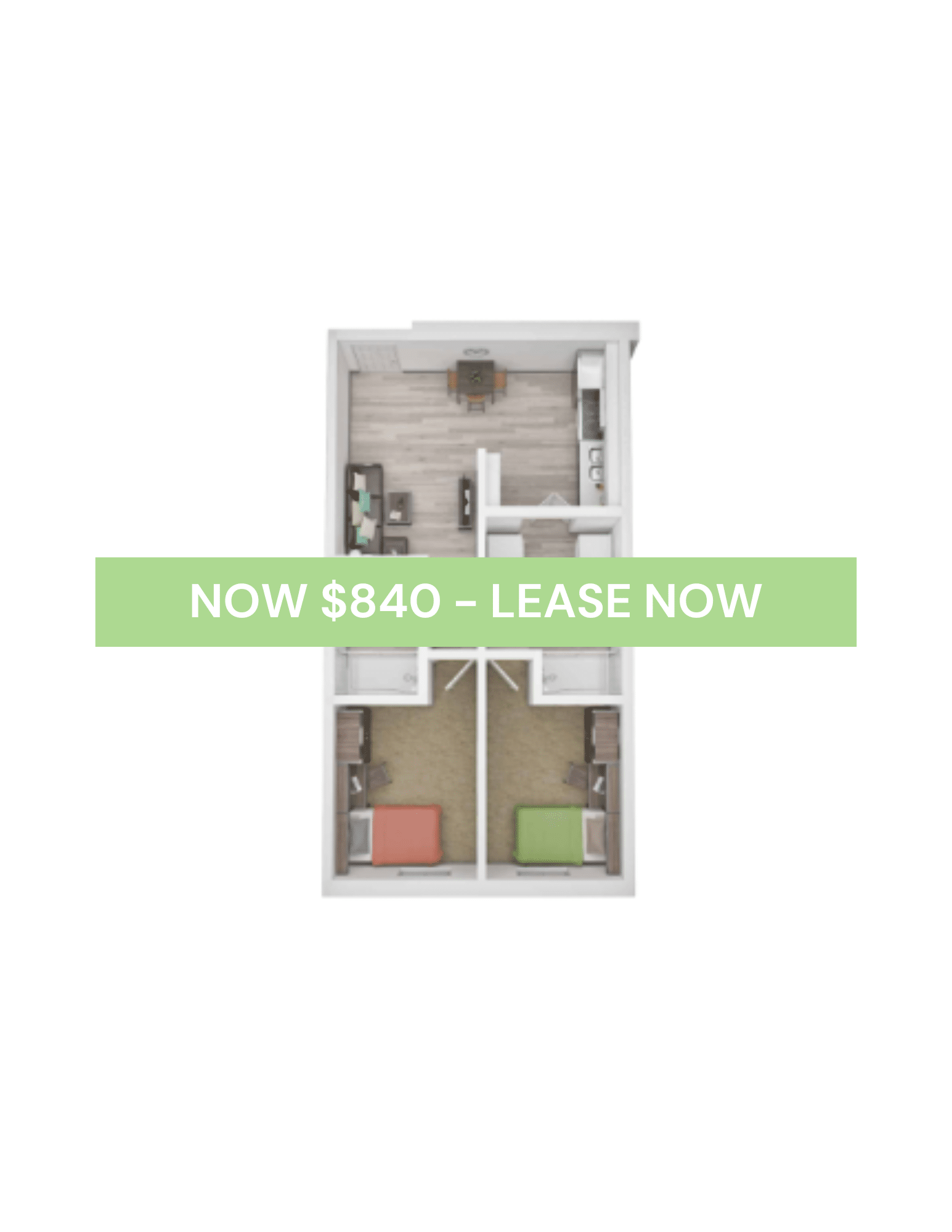 A 3D image of the Elite 2BR/2BA – Classic – B floorplan, a 541 squarefoot, 2 bed / 2 bath unit