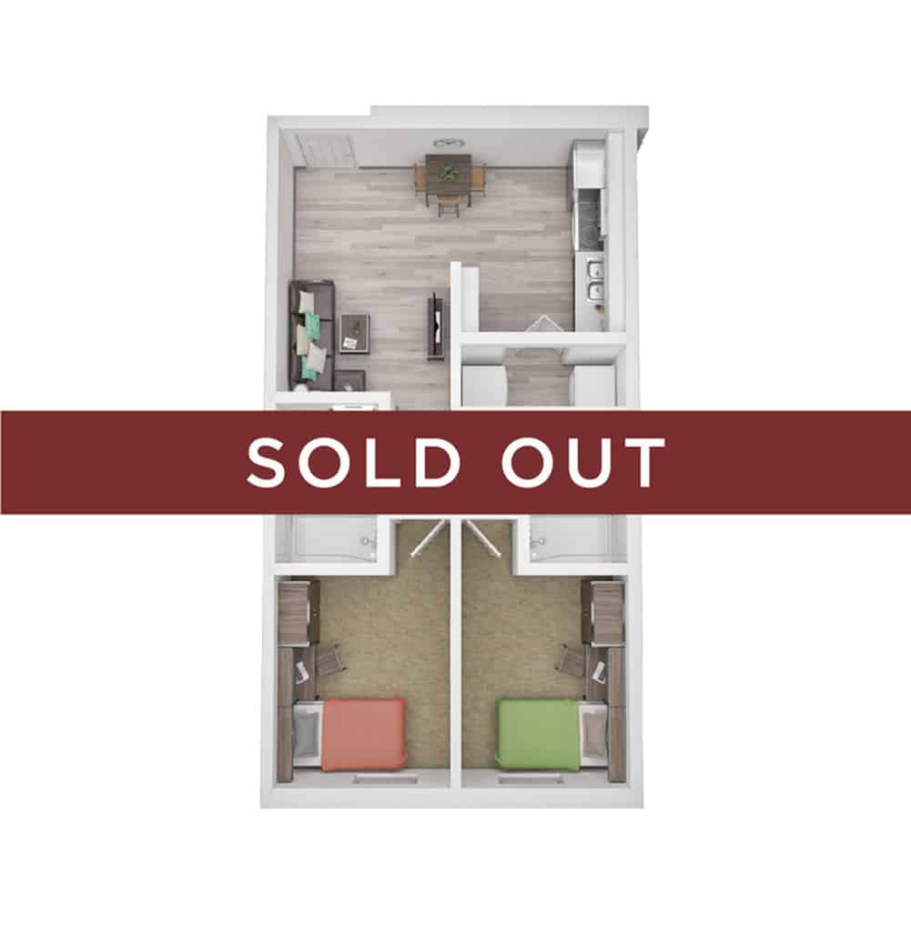A 3D image of the 2BR/2BA – Classic – B floorplan, a 541 squarefoot, 2 bed / 2 bath unit