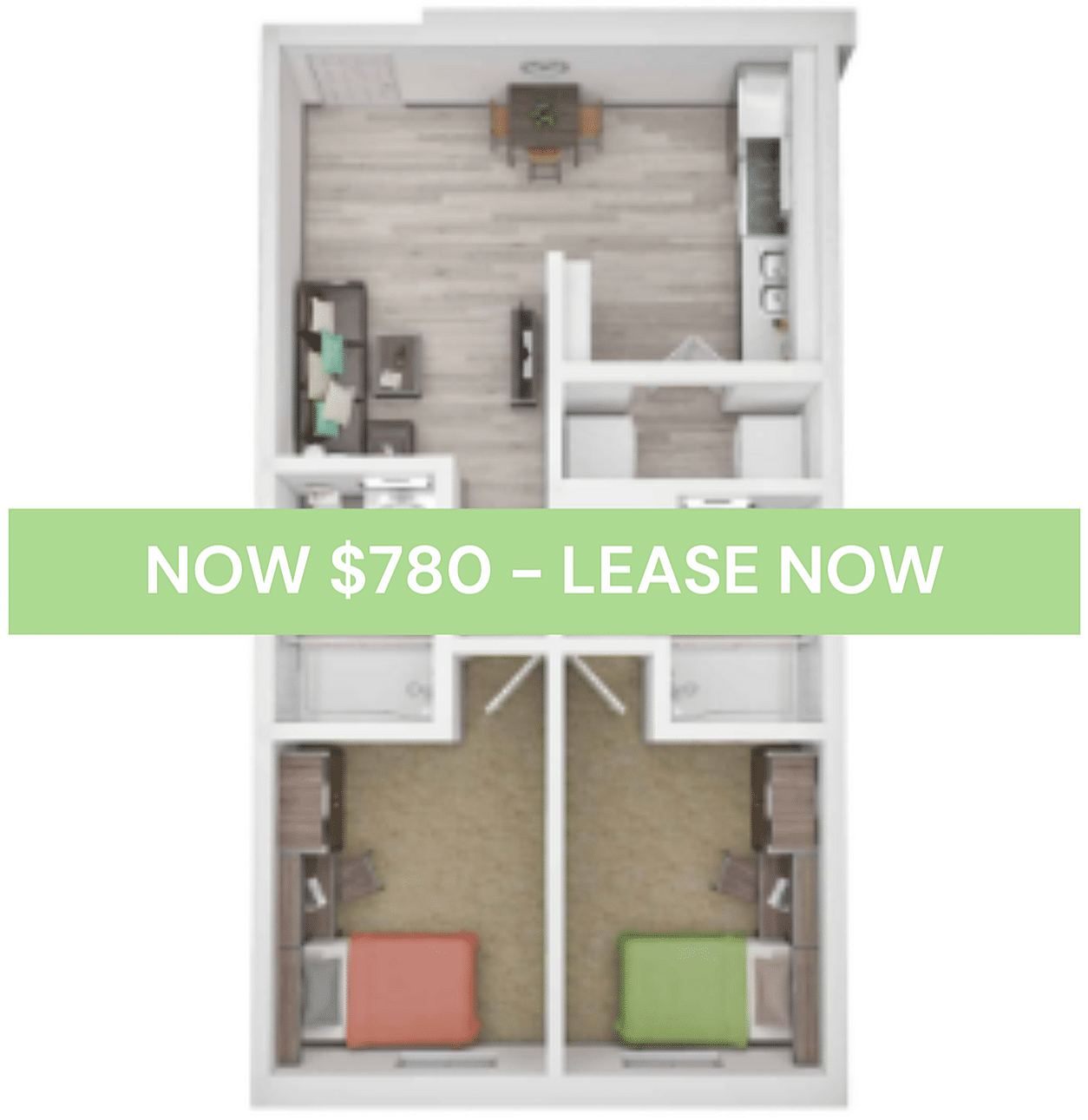 A 3D image of the 2BR/2BA – Classic – B floorplan, a 541 squarefoot, 2 bed / 2 bath unit