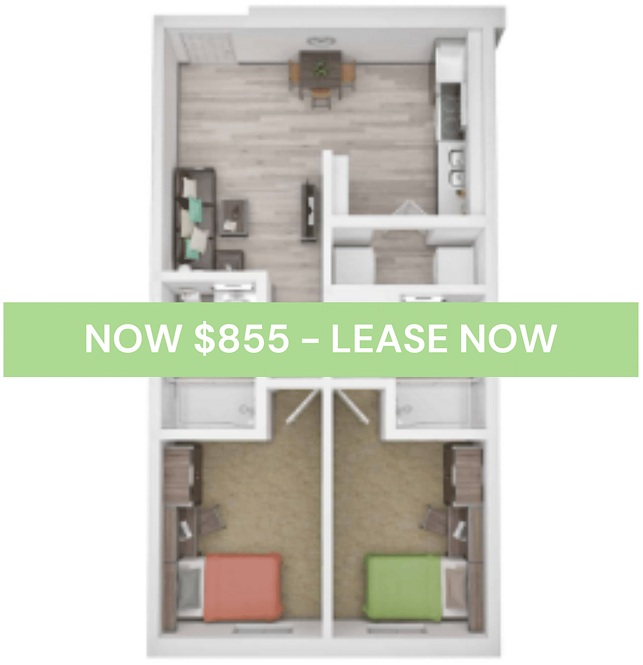 A 3D image of the Elite 2BR/2BA – Classic – B floorplan, a 541 squarefoot, 2 bed / 2 bath unit