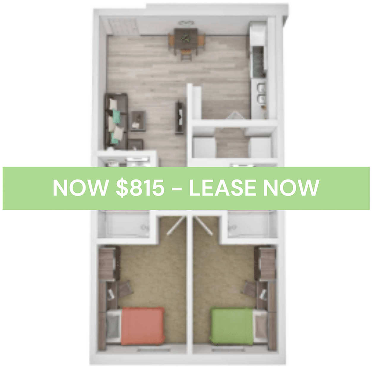 A 3D image of the Elite 2BR/2BA – Deluxe floorplan, a 541 squarefoot, 2 bed / 2 bath unit