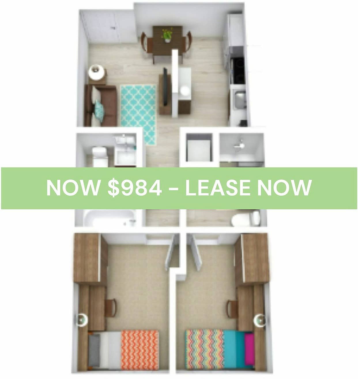 A 3D image of the Elite 2BR/2BA – Classic – A floorplan, a 538 squarefoot, 2 bed / 2 bath unit