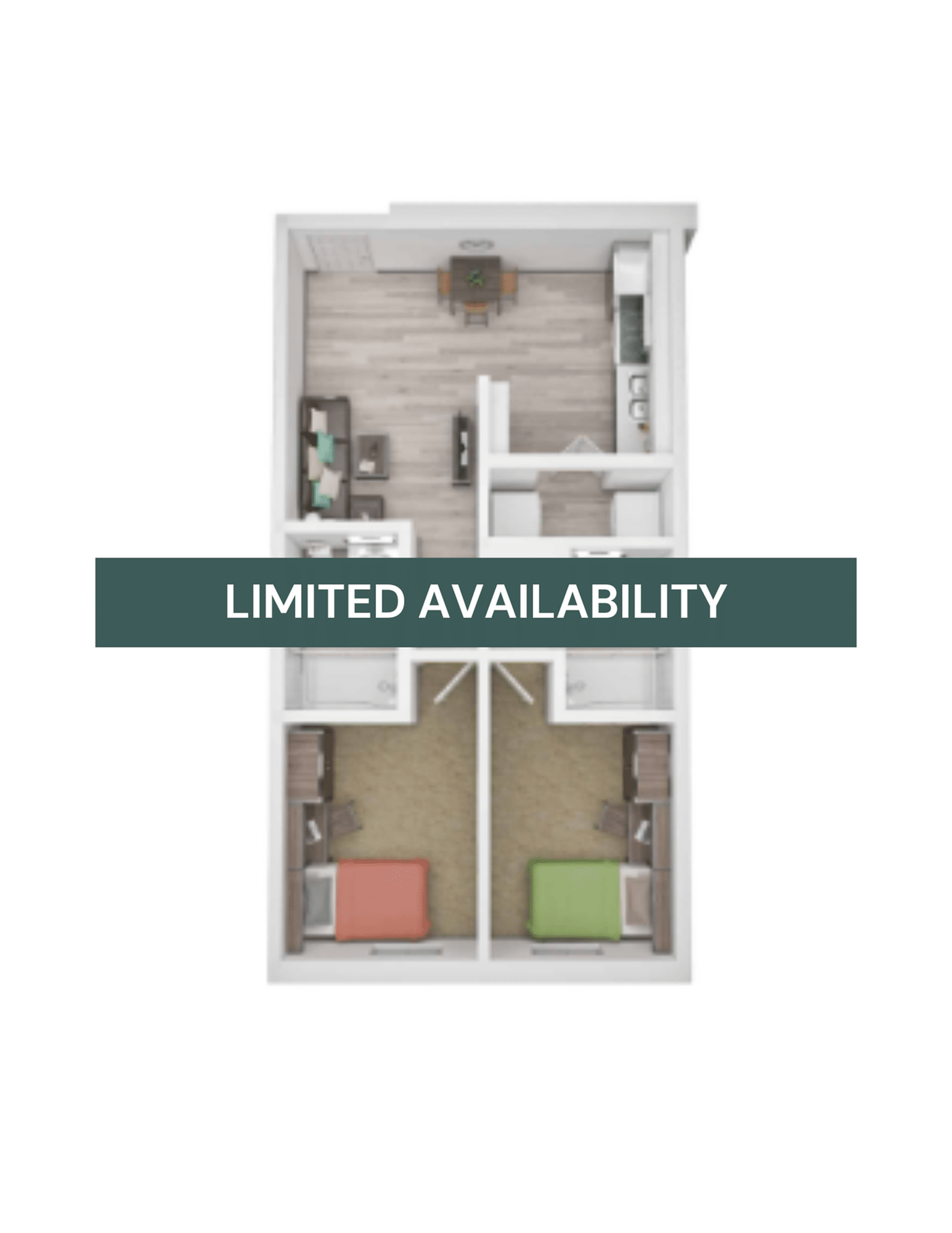 A 3D image of the 2BR/2BA – Classic – B floorplan, a 541 squarefoot, 2 bed / 2 bath unit