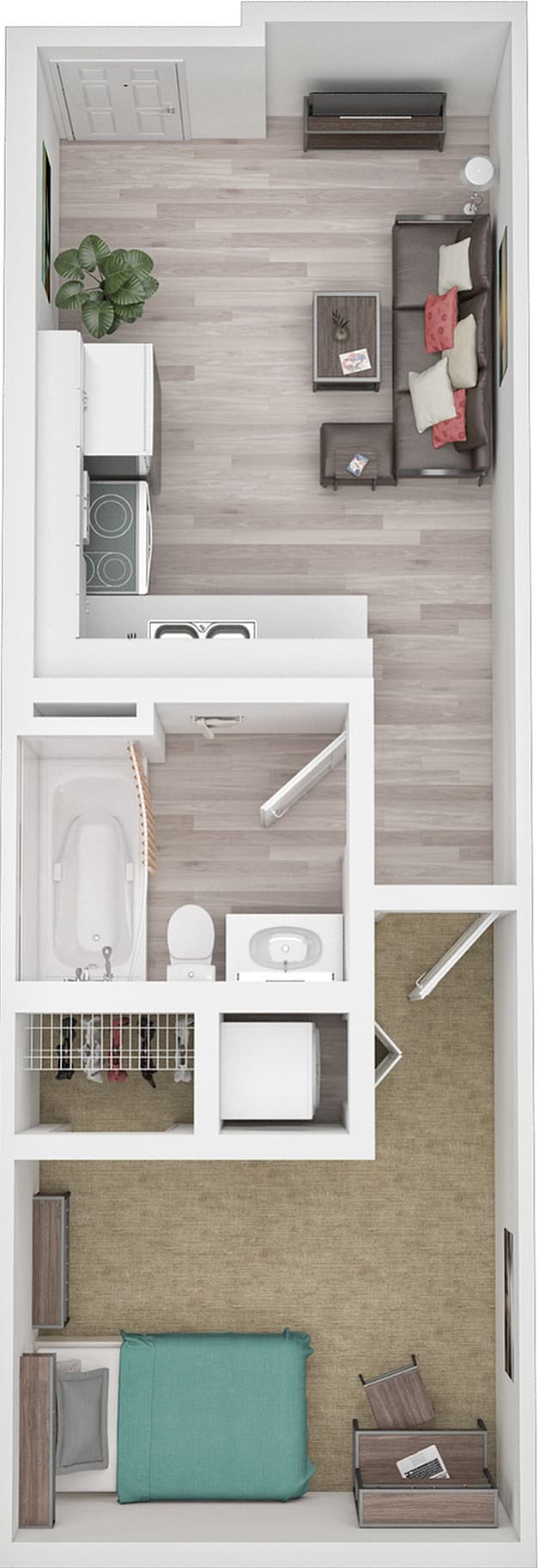A 3D image of the Studio floorplan, a 344 squarefoot, 0 bed / 1 bath unit
