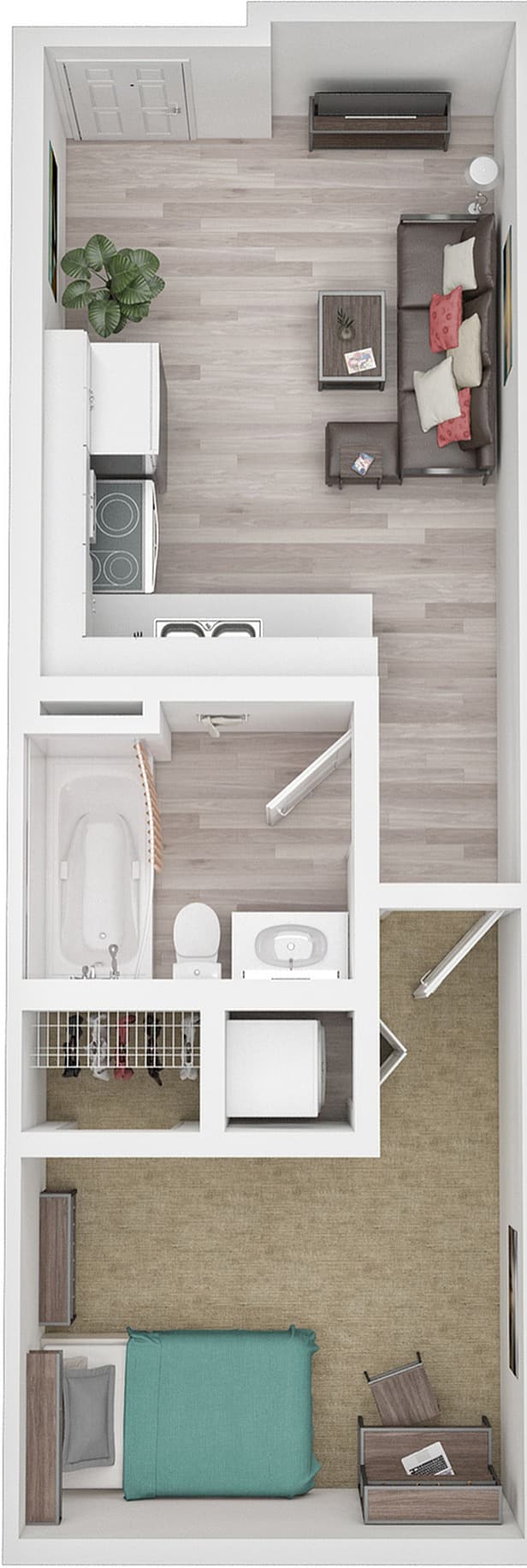 A 3D image of the Elite Studio floorplan, a 344 squarefoot, 0 bed / 1 bath unit