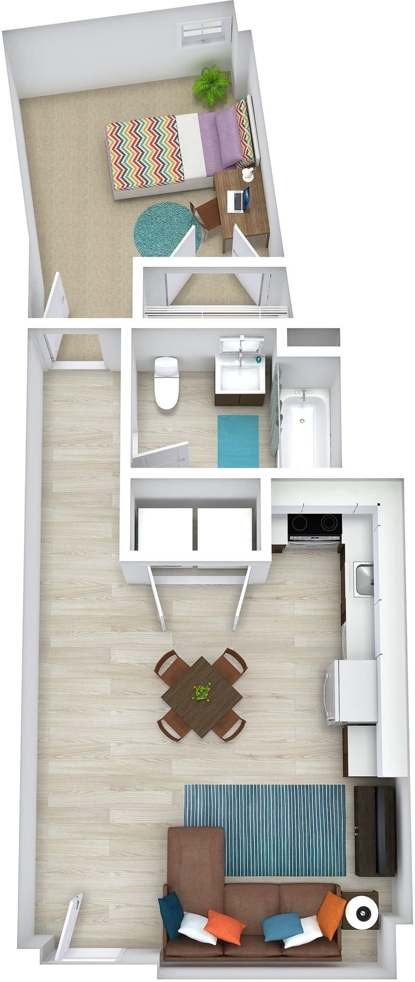 A 3D image of the 1BR/1BA – Deluxe floorplan, a 638 squarefoot, 1 bed / 1 bath unit