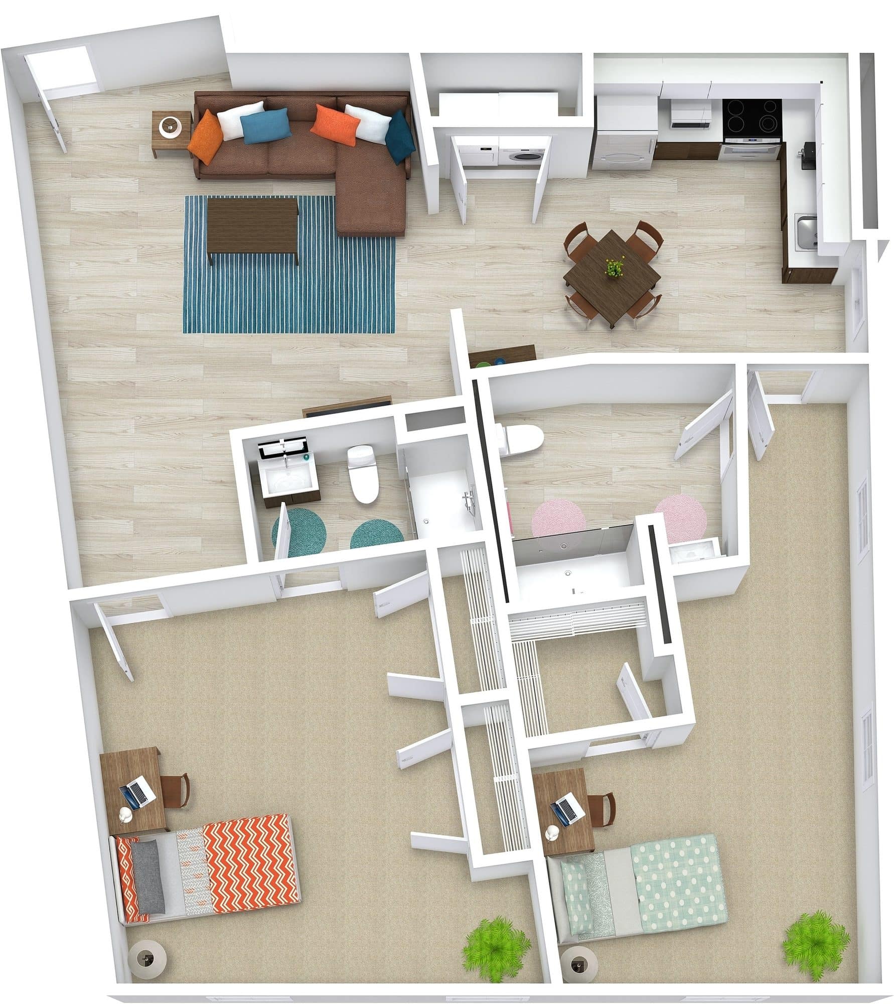 A 3D image of the 2BR/2BA – Premium – D floorplan, a 1316 squarefoot, 2 bed / 2 bath unit