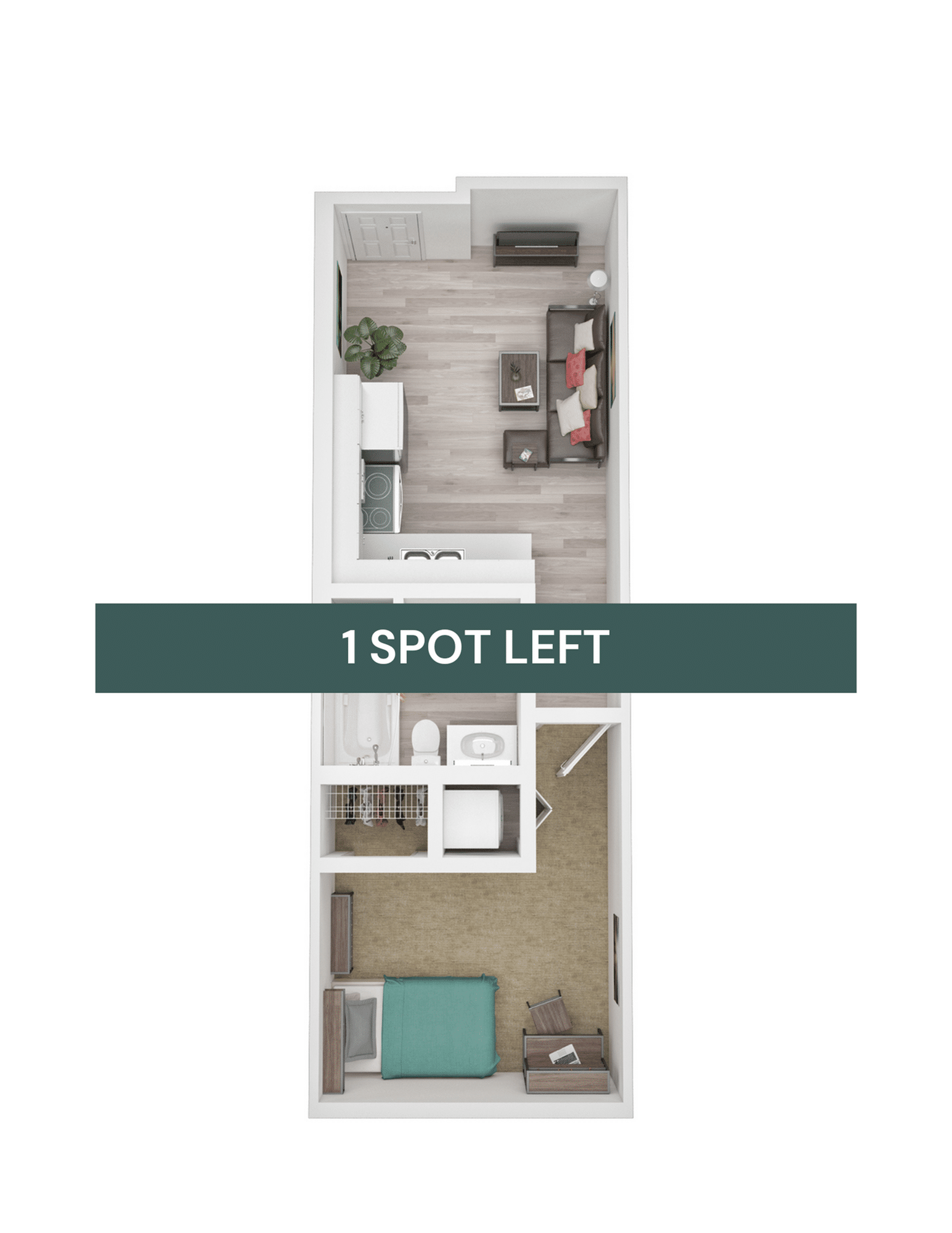 A 3D image of the 1BR/1BA – Classic floorplan, a 591 squarefoot, 1 bed / 1 bath unit