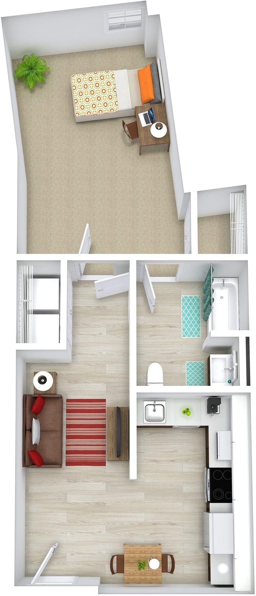 A 3D image of the 1BR/1BA – Classic floorplan, a 591 squarefoot, 1 bed / 1 bath unit
