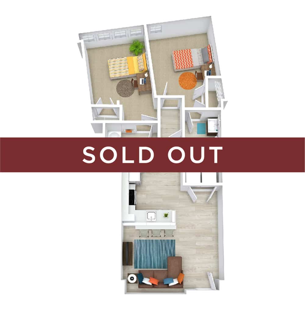 A 3D image of the Elite 2BR/2BA – Z floorplan, a 841 squarefoot, 2 bed / 2 bath unit