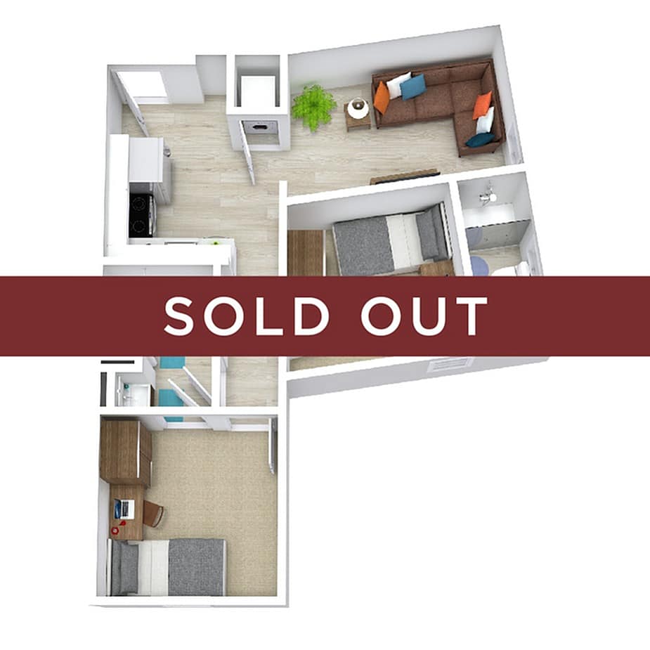 A 3D image of the 2BR/2BA – Premium – B floorplan, a 648 squarefoot, 2 bed / 2 bath unit