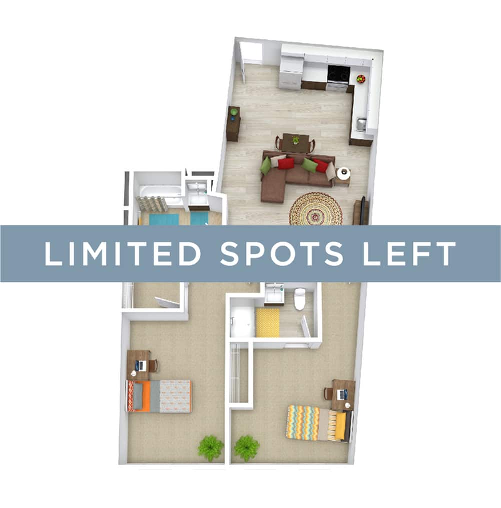 A 3D image of the 2BR/2BA – Premium – C floorplan, a 980 squarefoot, 2 bed / 2 bath unit