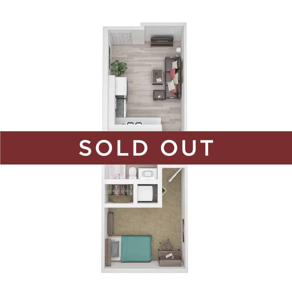 A 3D image of the Studio floorplan, a 344 squarefoot, 0 bed / 1 bath unit