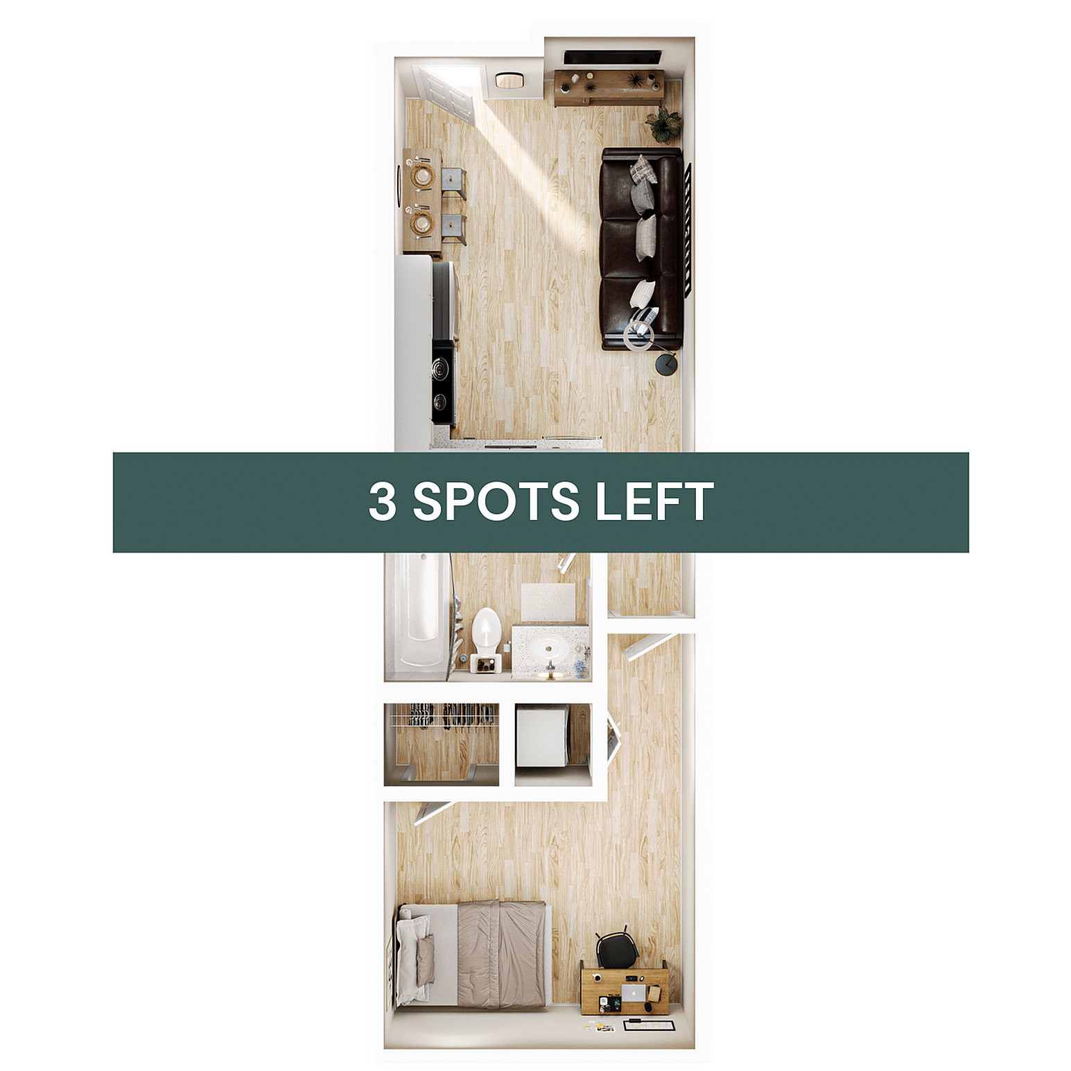 A 3D image of the Elite Studio floorplan, a 344 squarefoot, 0 bed / 1 bath unit