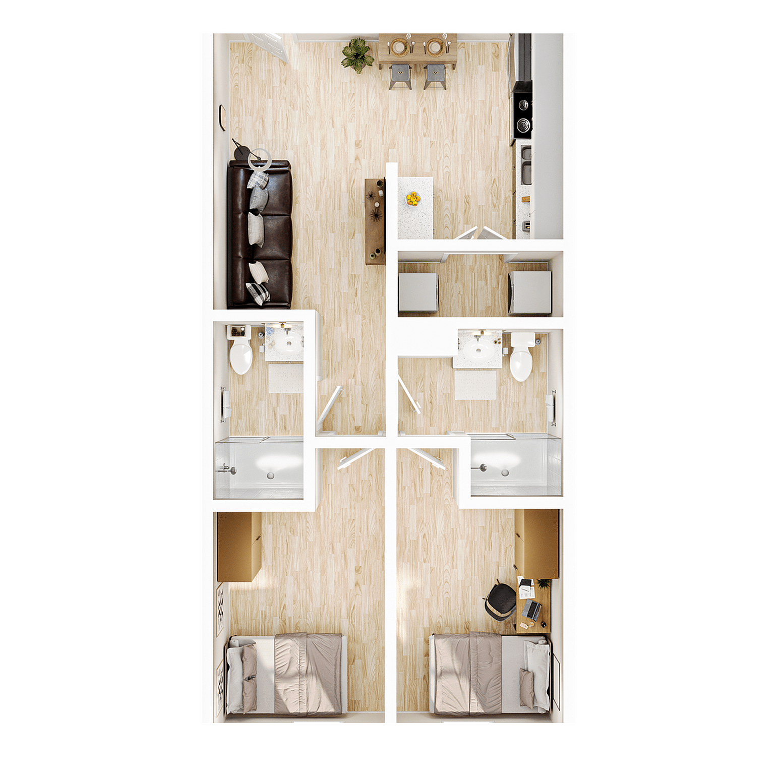 A 3D image of the Elite 2BR/2BA – Classic – B floorplan, a 541 squarefoot, 2 bed / 2 bath unit