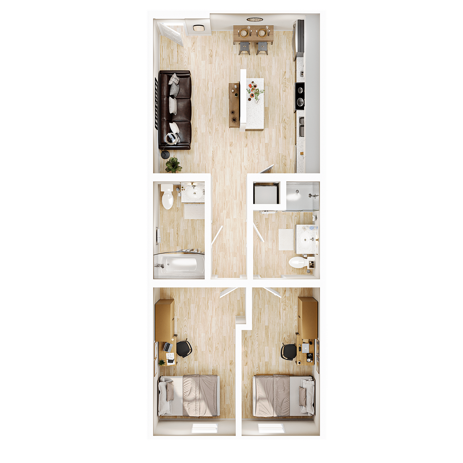 A 3D image of the Elite 2BR/2BA – Classic – A floorplan, a 538 squarefoot, 2 bed / 2 bath unit