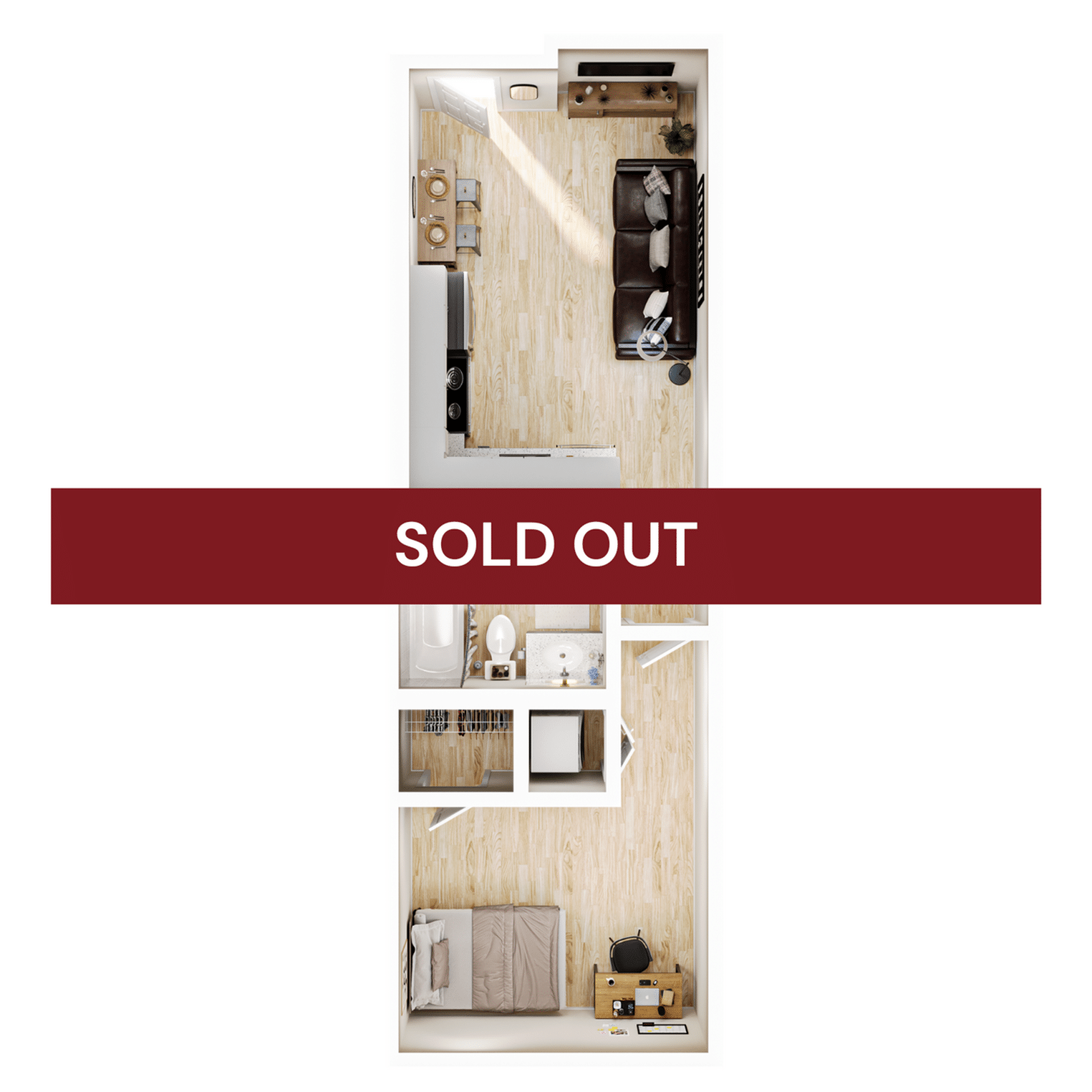 A 3D image of the Elite Studio floorplan, a 344 squarefoot, 0 bed / 1 bath unit