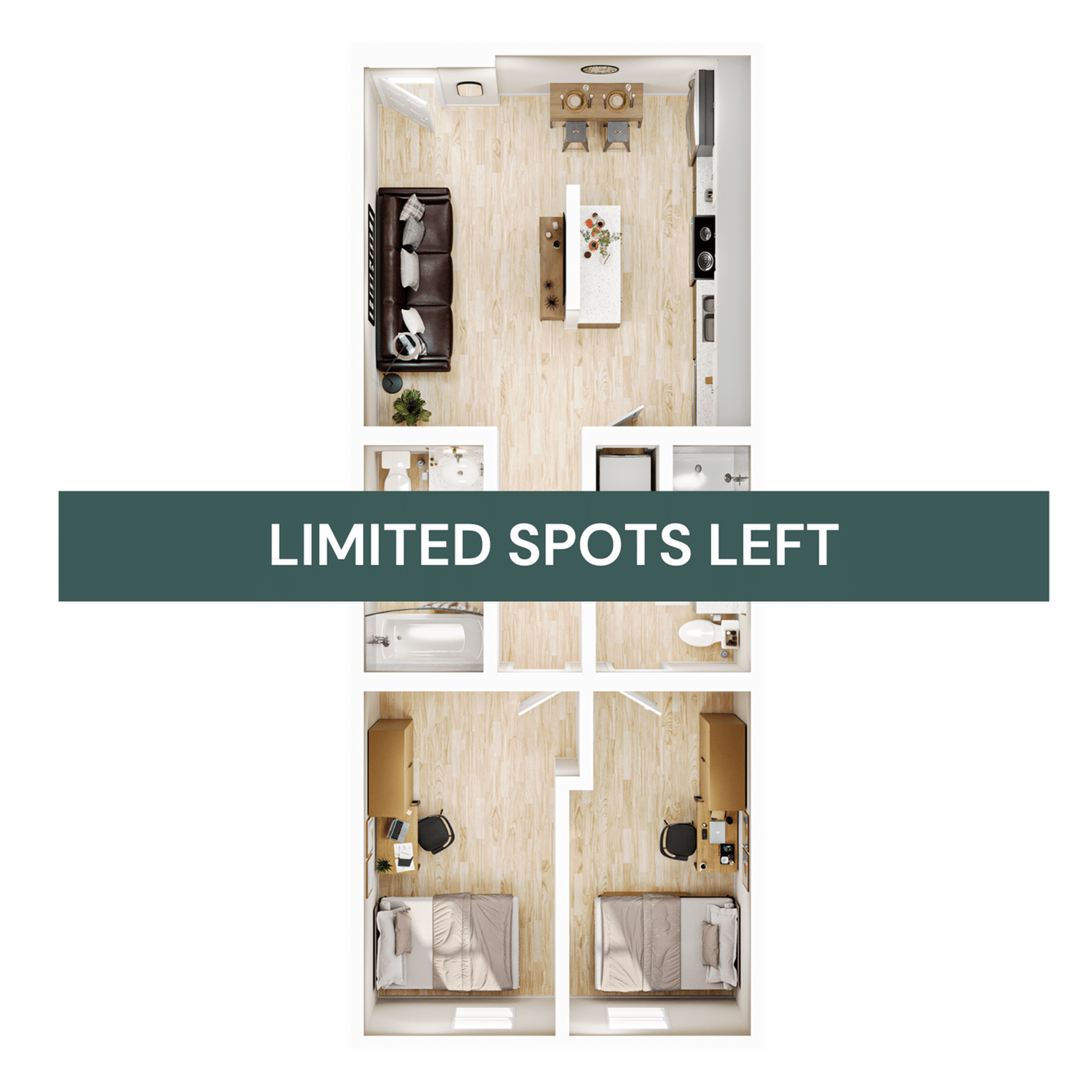 A 3D image of the Elite 2BR/2BA – Classic – A floorplan, a 538 squarefoot, 2 bed / 2 bath unit