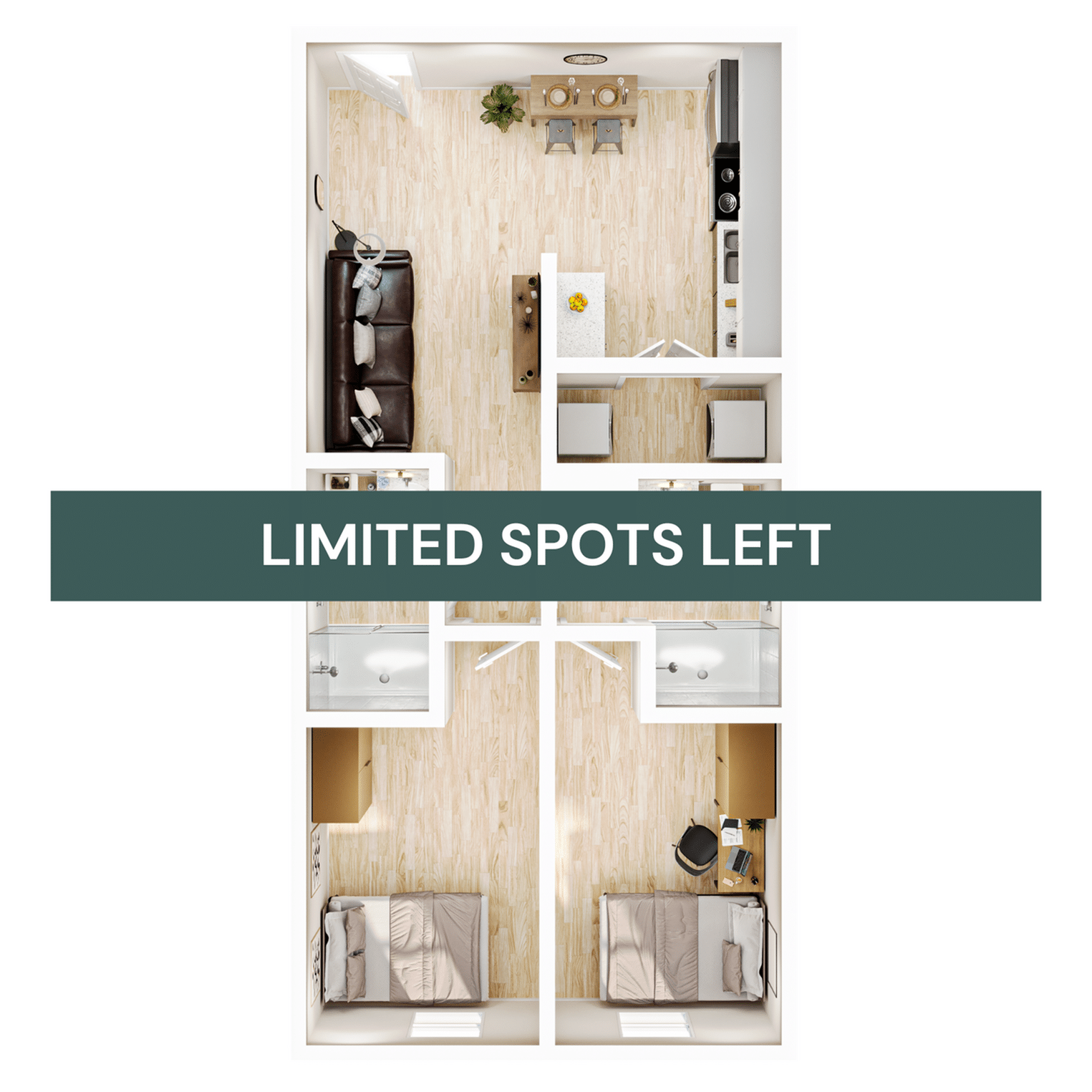 A 3D image of the Elite 2BR/2BA – Deluxe floorplan, a 541 squarefoot, 2 bed / 2 bath unit