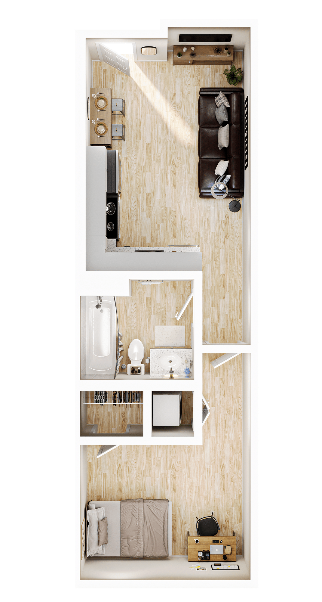 A 3D image of the Elite Studio floorplan, a 344 squarefoot, 0 bed / 1 bath unit