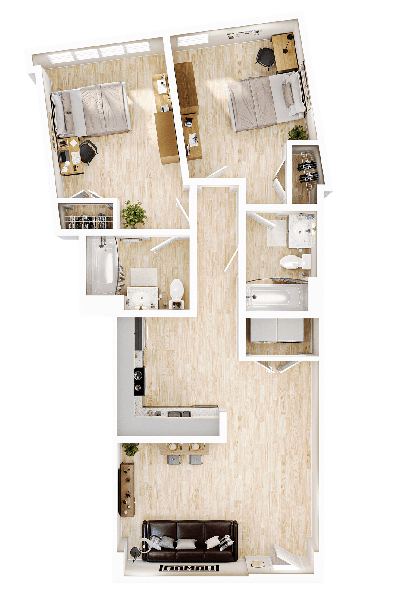 A 3D image of the Elite 2BR/2BA – Z floorplan, a 841 squarefoot, 2 bed / 2 bath unit
