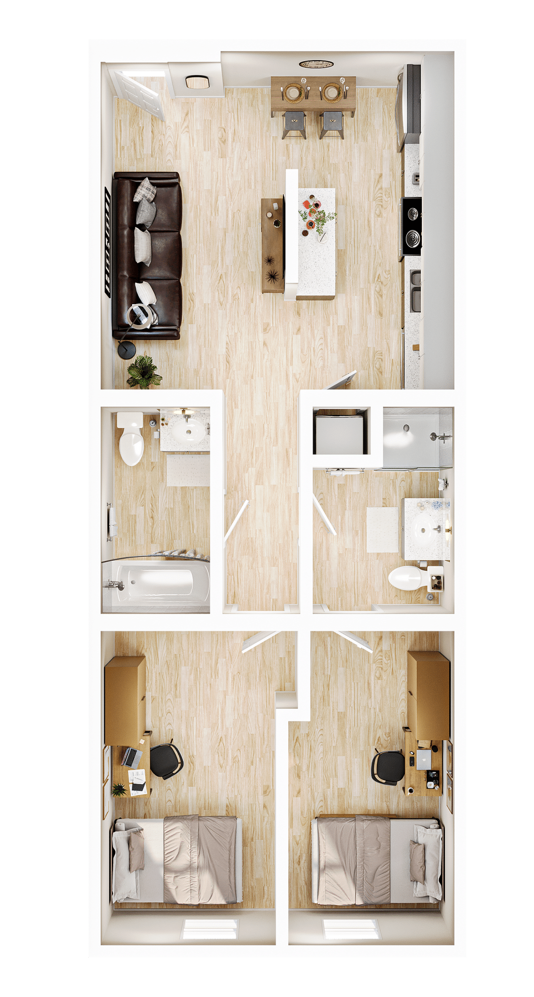 A 3D image of the Elite 2BR/2BA – Classic – A floorplan, a 538 squarefoot, 2 bed / 2 bath unit