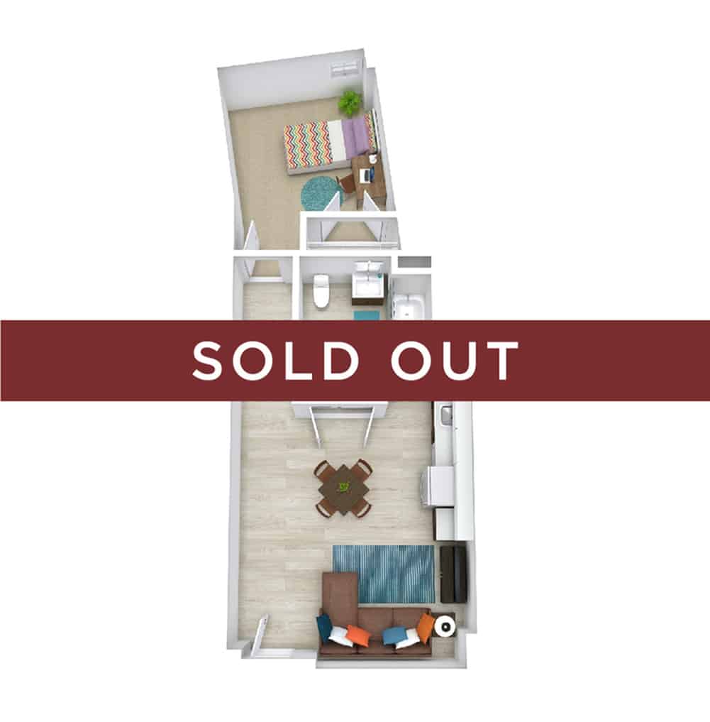 A 3D image of the 1BR/1BA – Deluxe floorplan, a 638 squarefoot, 1 bed / 1 bath unit